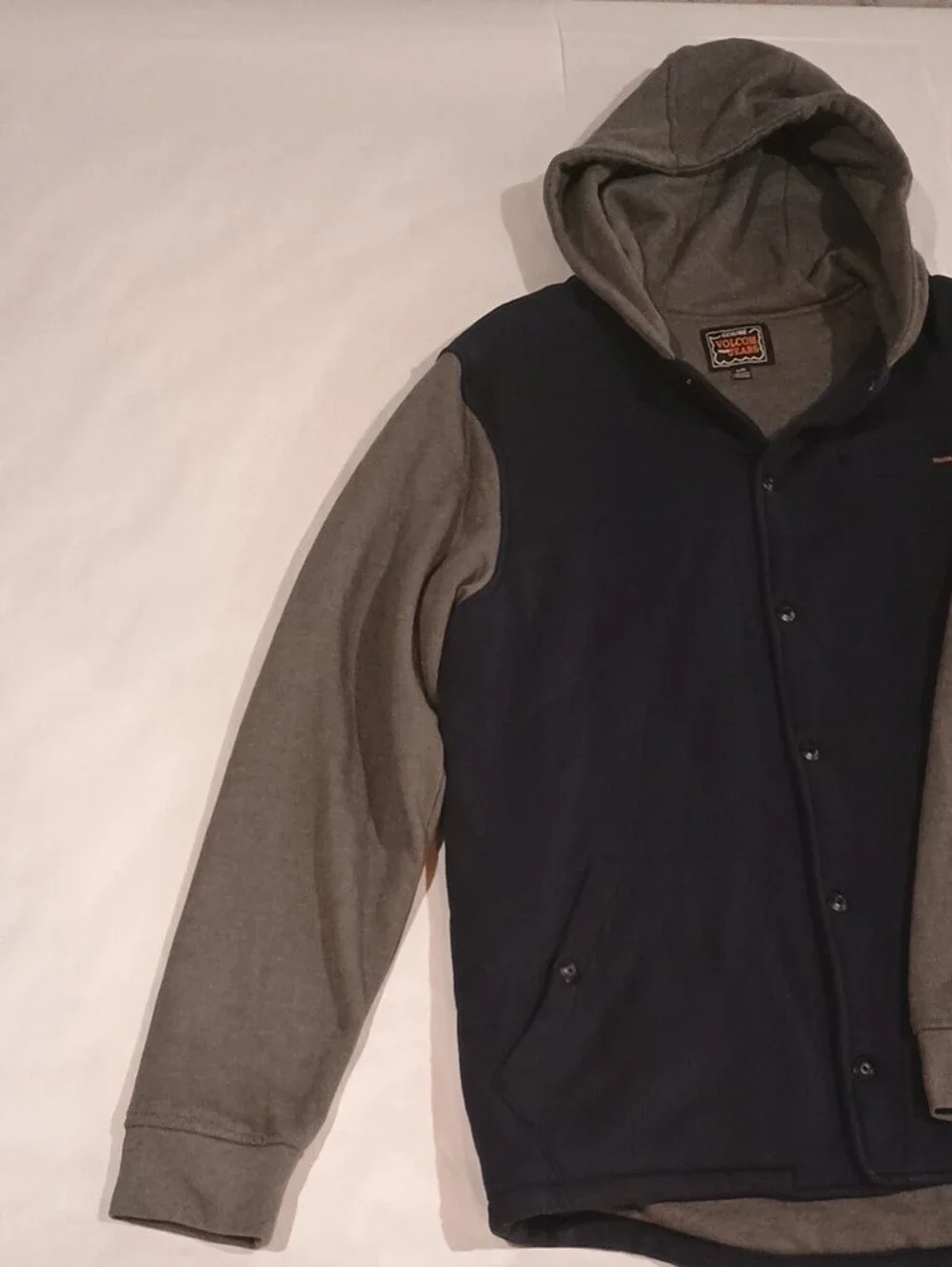 Vintage Y2k Volcom Men's Navy Body with Gray Sleeves Hooded Button Jacket Skate